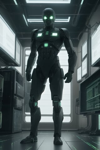 Cinematic photo of a standing cyborgs using a computer. Computer screens are holograms. Located in a military laboratory, full body, high definition, 8K images.,hackedtech