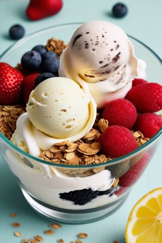 Delicious scoops of ice cream with fruits and granola in a glass bowl on a table surrounded by fruits.