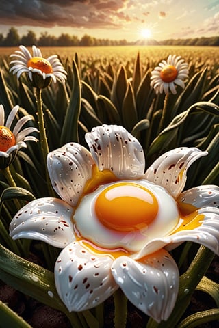 fried egg flower, Photo,Instead of flowers on the stalks, fried egg,lightly browned, glistening with oil, growing in a field, food photography, photorealism, natural light Epic cinematic brilliant stunning intricate meticulously detailed dramatic atmospheric maximalist digital matte painting