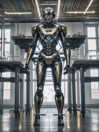 A scientist is standing and talking with a robot in a laboratory. laboratory atmosphere Equipped with technological equipment, real photos, high definition 24K,hackedtech,l4tex4rmor