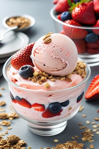 Delicious strawberry scoop ice cream with fruits and granola in a glass bowl on a table surrounded by fruits.