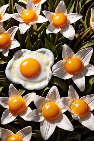 fried egg flower, Photo,Instead of flowers on the stalks, fried egg,lightly browned, glistening with oil, growing in a field, food photography, photorealism, natural light Epic cinematic brilliant stunning intricate meticulously detailed dramatic atmospheric maximalist digital matte painting