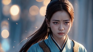 Best quality, high resolution, 8k, realistic, sharp focus, realistic image of lady with brown hair, black eyes, oriental girl in blue hanfu sad and crying, shiny skin, ice theme, fire god, Zhu Rong , Vulcan, Blury_light_background, EpicSky,