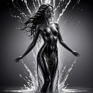 Shadowy a woman's shilouette made entirely of flowing water, with detailed body. The water forms the shape of the woman, with droplets suspended in mid-air. light black and gray, gesture driven, ghosting effect, airbrush art