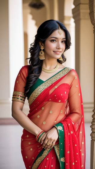 A beautiful Indian woman 28 years old  wearing a traditional red and gold polka-dotted sari with a green and gold border. She is in a relaxed pose with one leg bent and the other slightly extended. Her right hand is raised, delicately touching her styled loose waves, and she is adorned with traditional Indian jewelry including a maang tikka, earrings, and bangles. The background features a luxurious interior with soft, warm lighting, emphasizing the rich colors of her attire.