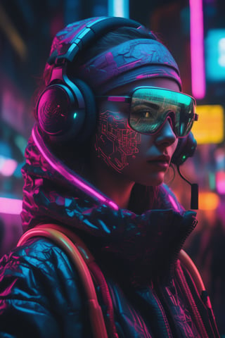 (masterpiece,best quality, ultra realistic,32k,RAW photo,detailed skin, 8k uhd, high quality:1.2), surrealist art detailed portrait Neon Operator Girl, cyberpunk futuristic neon, reflective puffy coat, decorated with traditional Japanese ornaments by Ismail inceoglu dragan bibin hans thoma greg rutkowski Alexandros Pyromallis Nekro Rene Maritte Illustrated, Perfect face, fine details, realistic shaded, fine-face, pretty face . dreamlike, mysterious, provocative, symbolic, intricate, detailed