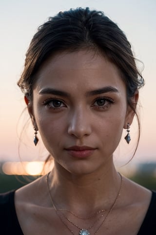 a photo of a woman Y8n3tGarc18, ((at sunset, dark brown eyes, dramatic close up portrait, posing for photo, face focus, bokeh, rim lighting)), ultrarealistic, photorealistic, 8k, dslr, beautiful, makeup, diamond necklaces, diamond earrings, perfect face, detailed skin, detailed face, detailed eyes 