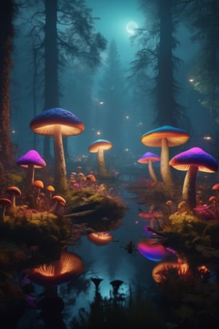 a misty swamp with many colorful giant mushrooms, at night, (many trees), beautiful lighting, fantasy colors, (vivid colors), highly detailed, octane render, 4k, trending on artstation, deviantart featured