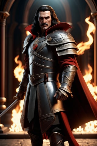 Vlad dracula on fire, photorealistic, epic, dramatic lighting, facing camera, finely detailed, armor, spear and shield, intricate design and details, ultra detailed, highest detail quality, ultra realistic, photography lighting, overcast reflection mapping, photorealistic, cinemeatic, cinematic lighting, movie quality rendering, hyperrealistic, focused, high details, octane rendering, focused, 8k, depth of field, real shadow, vfx post production, rtx ray tracing lighting