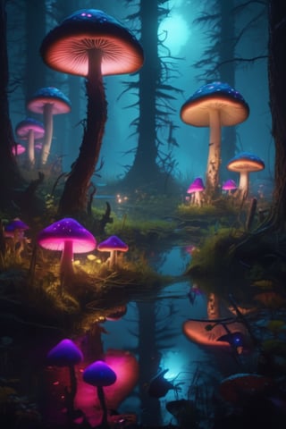 a misty swamp with many colorful giant mushrooms, at night, (many trees), beautiful lighting, fantasy colors, (vivid colors), highly detailed, octane render, 4k, trending on artstation, deviantart featured