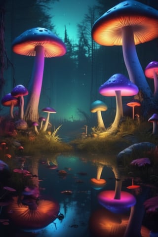 a misty swamp with many colorful giant mushrooms, at night, (many trees), beautiful lighting, fantasy colors, (vivid colors), highly detailed, octane render, 4k, trending on artstation, deviantart featured