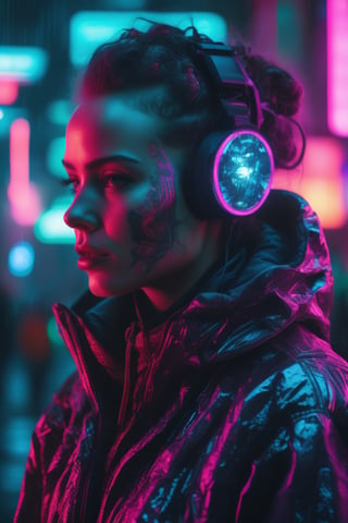 (masterpiece,best quality, ultra realistic,32k,RAW photo,detailed skin, 8k uhd, high quality:1.2), surrealist art detailed portrait Neon Operator Girl, cyberpunk futuristic neon, reflective puffy coat, decorated with traditional Japanese ornaments by Ismail inceoglu dragan bibin hans thoma greg rutkowski Alexandros Pyromallis Nekro Rene Maritte Illustrated, Perfect face, fine details, realistic shaded, fine-face, pretty face . dreamlike, mysterious, provocative, symbolic, intricate, detailed