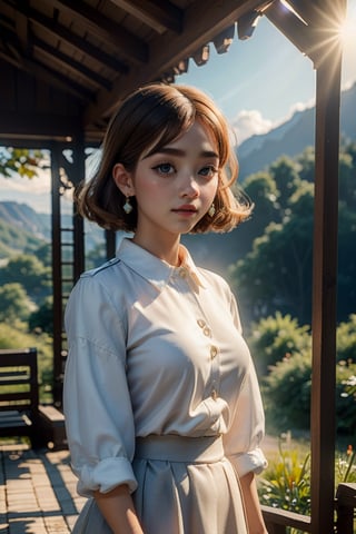 masterpiece, best quality, realistic, 8k, official art, cinematic light, ultra high res, 1girl,  standing, day, sunlight, light on face, bob cut hair 
 earrings , jewelry, Nature reserve, hair light
