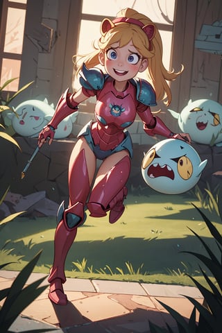 star butterfly, highres, masterpiece, perfect lighting, bloom, cinematic lighting, adult, perfect skin, female, looking at viewer, , ahegao, plaguemarine🍓, armor, power armor, Lion, slime, smile, , Rolling eyes, fullbody