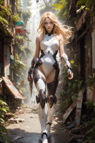 8k portrait of beautiful girl with blonde hair, naked, walking to the viewer, close-up photo, majestic, digital photography, ruled of third composition, art by artgerm and ruan jia and greg rutkowski surreal painting, broken glass, (masterpiece, sidelighting, finely detailed beautiful eyes: 1.2), hdr, (detailed background cyberpunk city in lush rainforest : 0.7),stationary_restraints, musume,,SRS, fullbody, 