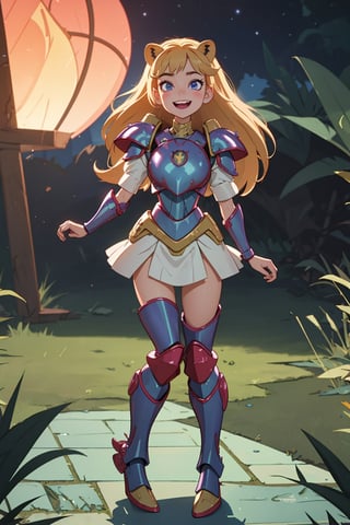 star butterfly, highres, masterpiece, perfect lighting, bloom, cinematic lighting, adult, perfect skin, female, looking at viewer, , ahegao, plaguemarine, armor, power armor, Lion, slime, smile, , Rolling eyes, fullbody, standing