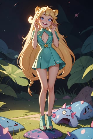 star butterfly, highres, masterpiece, perfect lighting, bloom, cinematic lighting, adult, perfect skin, female, looking at viewer, , ahegao, plaguemarine, Lion, slime, smile, , Rolling eyes, fullbody, standing