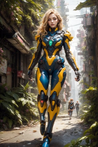 8k portrait of beautiful girl with blonde hair, wearing cyberpunk suit, walking to the viewer, close-up photo, majestic, digital photography, ruled of third composition, art by artgerm and ruan jia and greg rutkowski surreal painting, broken glass, (masterpiece, sidelighting, finely detailed beautiful eyes: 1.2), hdr, (detailed background cyberpunk city in lush rainforest : 0.7),stationary_restraints,mecha musume,mecha,SRS, fullbody, bodysuit
