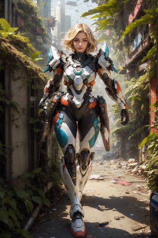 8k portrait of beautiful girl with blonde hair, wearing cyberpunk suit, walking to the viewer, close-up photo, majestic, digital photography, ruled of third composition, art by artgerm and ruan jia and greg rutkowski surreal painting, broken glass, (masterpiece, sidelighting, finely detailed beautiful eyes: 1.2), hdr, (detailed background cyberpunk city in lush rainforest : 0.7),stationary_restraints,mecha musume,mecha,SRS, fullbody