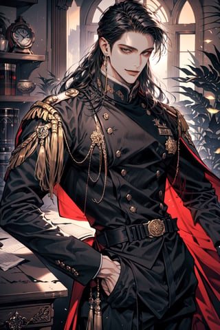 (cowboy_shot:1.1), 1boy, solo, adult, (mature:0.95), tall, handsome man, black hair, (long hair), sharp eyes, (smile:0.95), midjourney, knights, black uniform, black pants, in the room, fantasy,1guy,male