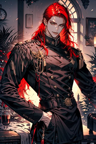 (cowboy_shot:1.1), 1boy, solo, adult, (mature:0.95), tall, handsome man, red hair, (long hair), sharp eyes, (smile:0.95), midjourney, knights, black uniform, black pants, in the room, fantasy,1guy,male