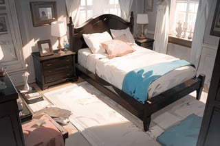 (master piece, best quality), couple bedroom, 1 large bed, clutter,  bedroom items, eye level perspective, no people, only background, warm atmosphere, midjourney, detail background, contemporary