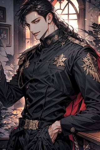 (cowboy_shot:1.1), 1boy, solo, adult, (mature:0.95), tall, handsome man, black hair, (long hair), sharp eyes, (smile:0.95), midjourney, knights, black uniform, black pants, in the room, fantasy,1guy,male