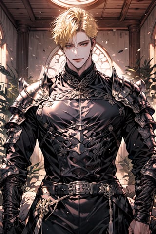 (cowboy_shot:1.2), 1boy, solo, adult, (mature:0.95), tall, handsome man, blond hair, sharp eyes, (smile:0.95), midjourney, armor, in the room, fantasy, sunlight, 1guy,male