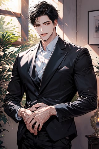 (cowboy_shot:1.1), 1boy, solo, adult, (mature:0.95), tall, handsome man, black hair, sharp eyes, (smile:0.95), midjourney, black blazer, pants, in the room, sunlight, 1guy,male