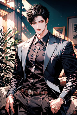 (cowboy_shot:1.1), 1boy, solo, adult, (mature:0.95), tall, handsome man, black hair, sharp eyes, (smile:0.95), midjourney, black blazer, pants, in the room, sunlight, 1guy,male