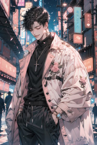 (cowboy_shot:1.1), 1 guy, solo, adult, (mature:0.95), tall, handsome man, black hair, black eyes, sharp eyes, closed eyes, smiling face, midjourney, idol man, pink jacket, black pants, cyberpunk city, neon lights,niji