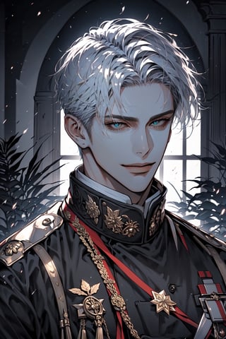 (upper_body:1.1), 1boy, solo, adult, (mature:0.95), tall, handsome man, silver hair, sharp eyes, (smile:0.95), midjourney, dominant, emperor, black uniform, in the room, palace, 1guy,male