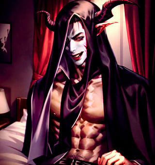 Un jeune homme vampire sexy avec cheveux noir avec des cornes dans une chambre noir,  AOMINE DAIKI,  b3rli,tiefling,b3rli