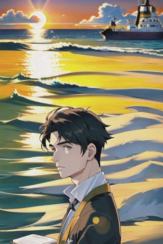 dessine un jeune homme lisant un livre au bord de la mer sous un coucher de soleil, cheveux court, cheveux marron, tenu stylé, roman