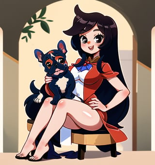Une jeune femme sexy assise avec un petit chien french bulldog, cheveux long rose pale, habiller en robe noire ,b3rli,SAM YANG,1 girl, SMMars