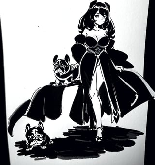 Une jeune femme sexy assise avec un petit chien french bulldog, cheveux long rose pale, habiller en robe noire ,b3rli,SAM YANG,1 girl,inksketch