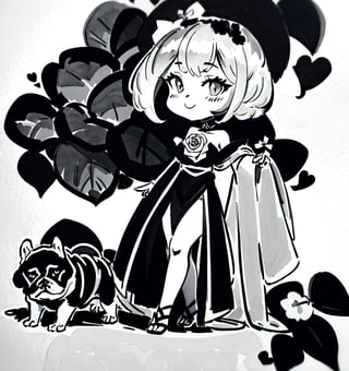 Une jeune femme sexy assise avec un petit chien french bulldog, cheveux long rose pale, habiller en robe noire ,b3rli,SAM YANG,1 girl,inksketch