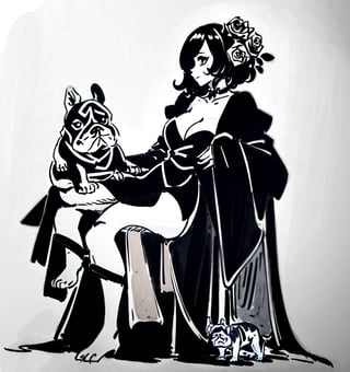 Une jeune femme sexy assise avec un petit chien french bulldog, cheveux long rose pale, habiller en robe noire ,b3rli,SAM YANG,1 girl,inksketch