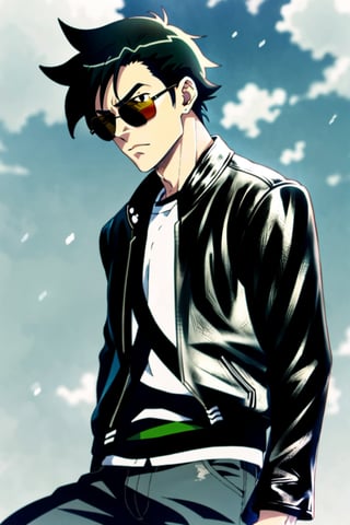Cool guy  wearing leather jacket, anime style, anime hair, wearing shades 