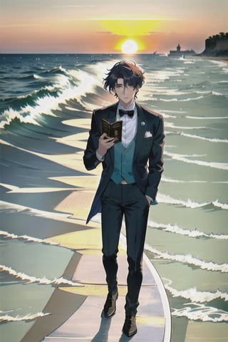 dessine un jeune homme lisant un livre au bord de la mer sous un coucher de soleil, cheveux court, cheveux marron, tenu stylé, roman