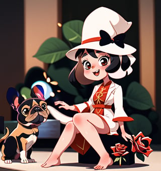 Une jeune femme sexy assise avec un petit chien french bulldog, cheveux long rose pale, habiller en robe noire ,b3rli,SAM YANG,1 girl, style,SMMars