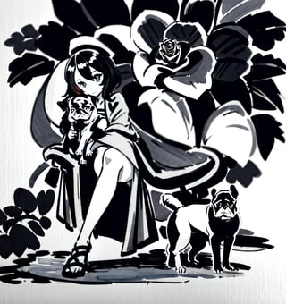 Une jeune femme sexy assise avec un petit chien french bulldog, cheveux long rose pale, habiller en robe noire ,b3rli,SAM YANG,1 girl,inksketch