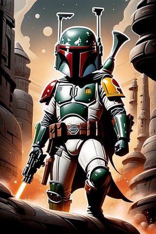 star wars boba fett by chris phu 1, in the style of graffiti-influenced style, cartoonish humor, silver, ragecore, caninecore, celestialpunk, dark white and red 