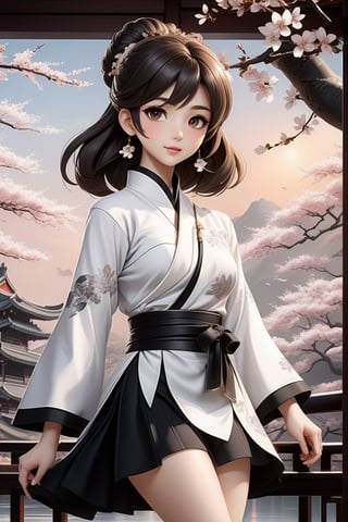 anime girl in full white outfit holding Japanese tshirt and wearing black skirt, in the style of traditional chinese painting, romantic fantasy, oil paintings, dark bronze and gray, cherry blossoms, serene faces, photo-realistic techniques 