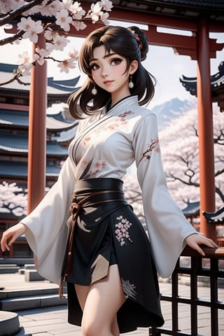 anime girl in full white outfit holding Japanese tshirt and wearing black skirt, in the style of traditional chinese painting, romantic fantasy, oil paintings, dark bronze and gray, cherry blossoms, serene faces, photo-realistic techniques 