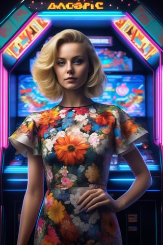 (masterpiece,best quality, ultra realistic, RAW photo), retro arcade style beautiful blonde lady in a 3D flower dress, hyperrealistic, ultra detailed, octane render, symmetric, 3d, majestic, dark fantasy, intricate . 8-bit, pixelated, vibrant, classic video game, old school gaming, reminiscent of 80s and 90s arcade games, look at viewer,