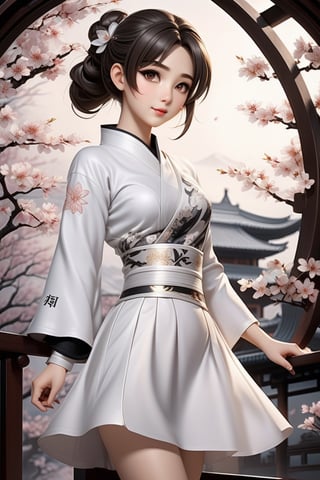 anime girl in full white outfit holding Japanese tshirt and wearing black skirt, in the style of traditional chinese painting, romantic fantasy, oil paintings, dark bronze and gray, cherry blossoms, serene faces, photo-realistic techniques 