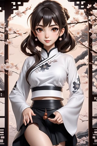 anime girl in full white outfit holding Japanese tshirt and wearing black skirt, in the style of traditional chinese painting, romantic fantasy, oil paintings, dark bronze and gray, cherry blossoms, serene faces, photo-realistic techniques 