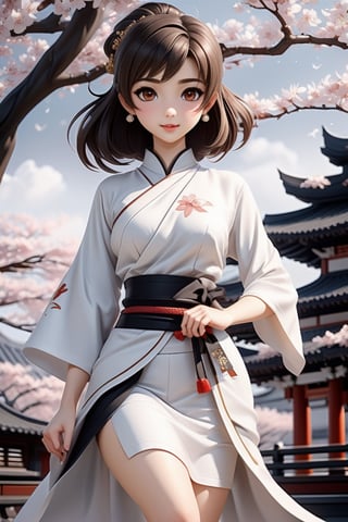 anime girl in full white outfit holding Japanese tshirt and wearing black skirt, in the style of traditional chinese painting, romantic fantasy, oil paintings, dark bronze and gray, cherry blossoms, serene faces, photo-realistic techniques 