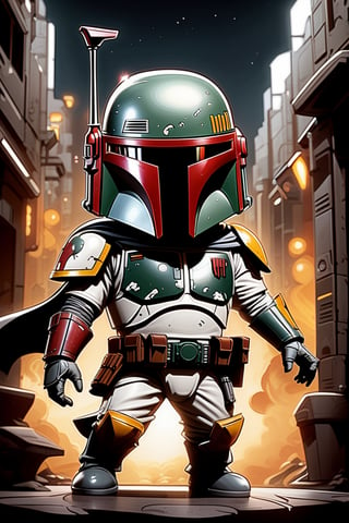 star wars boba fett by chris phu 1, in the style of graffiti-influenced style, cartoonish humor, silver, ragecore, caninecore, celestialpunk, dark white and red 